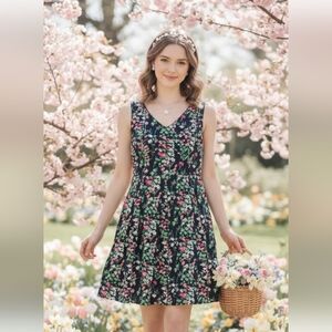 Nine West Bloomcore Pleated Fit Flare Dress Size 12 V Neck Pockets Preppy Spring